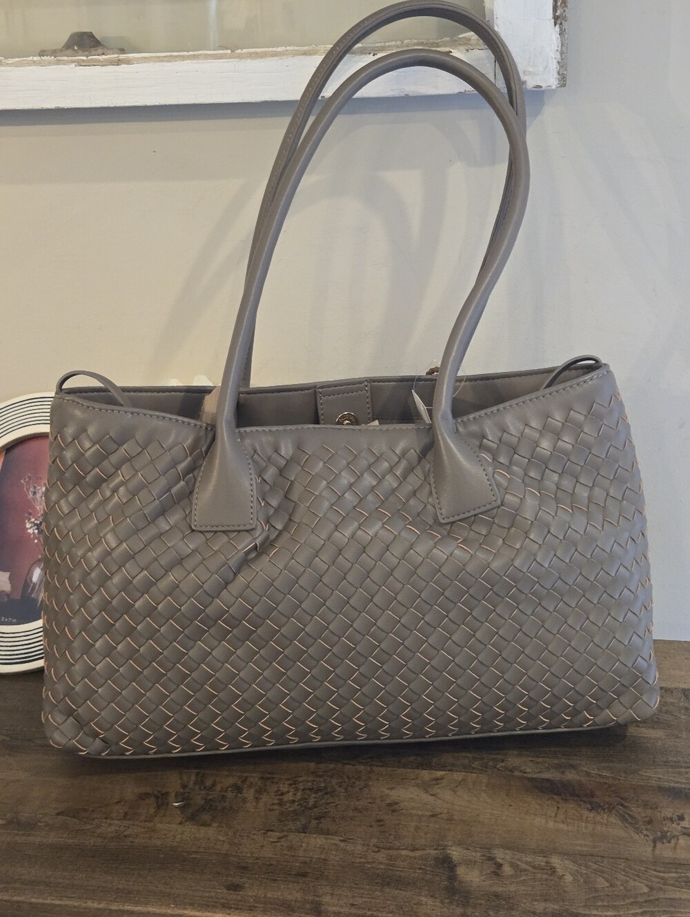 New Botega Inspired Woven Tote Bag in Taupe With Keychain Charms